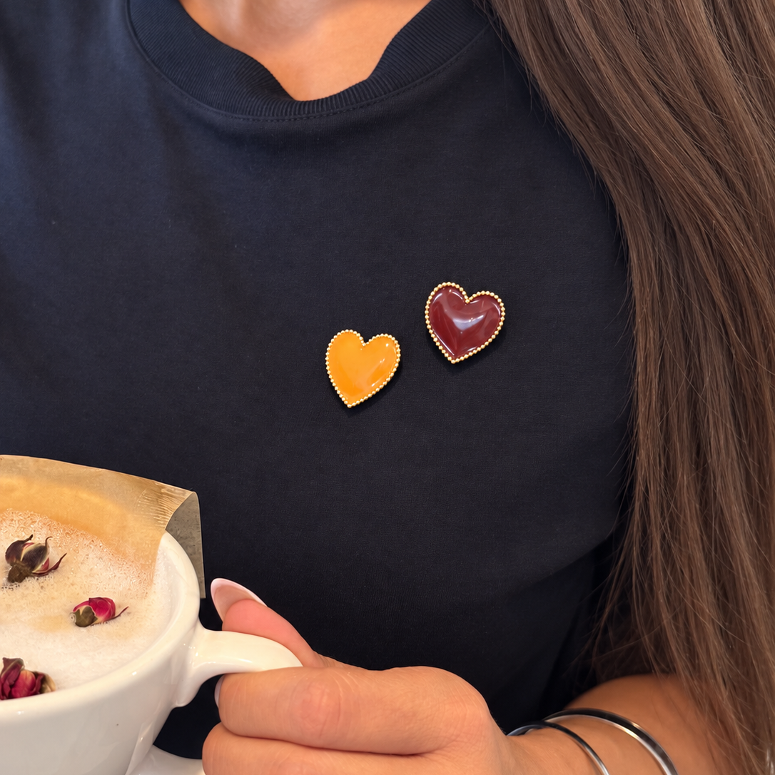 Refined by JV button covers merlot and pumpkin hearts with golden outline