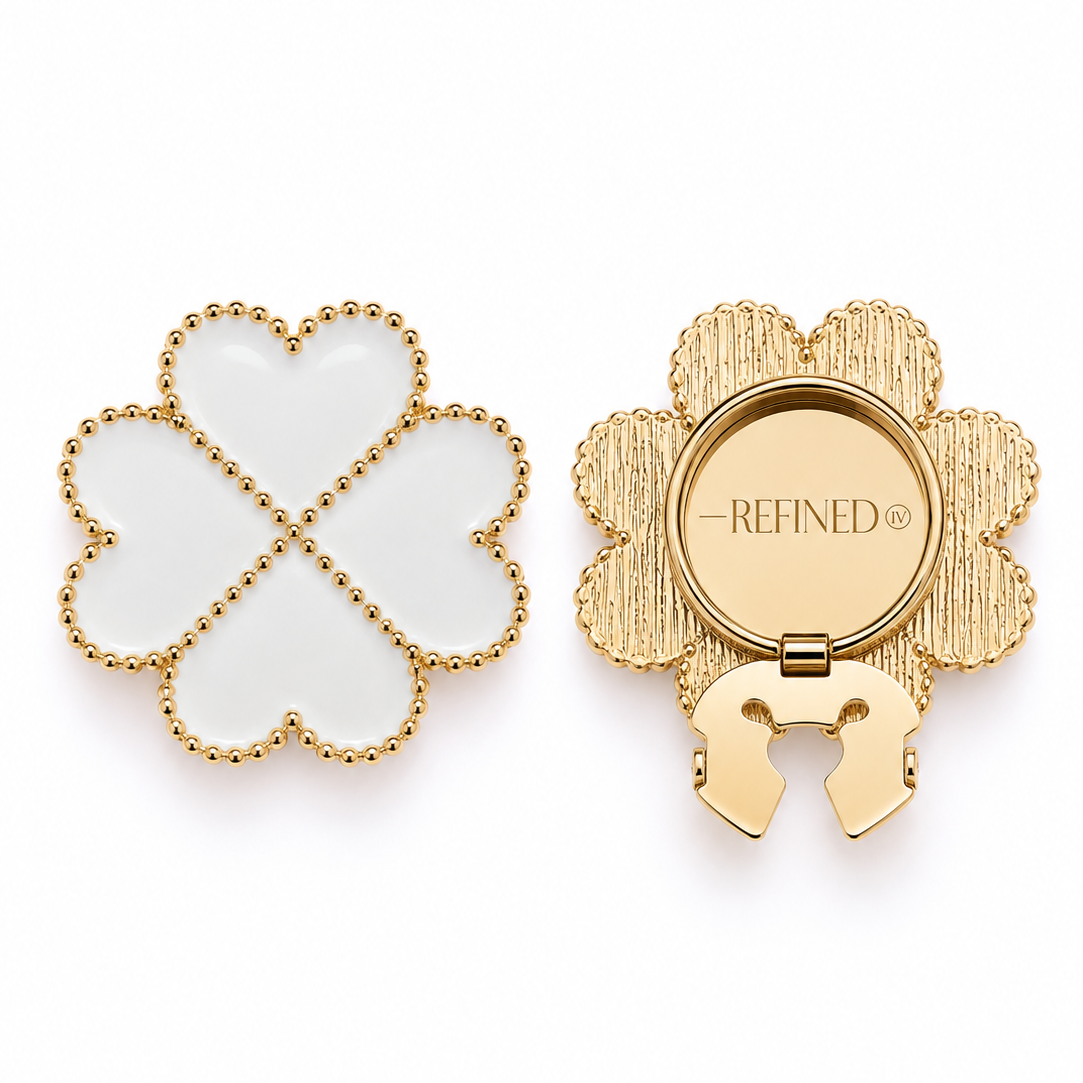 Refined by JV Clover shaped gold-dotted outline decorative button covers with white sections, shown from the front and back with the clip-on clasp mechanism open.