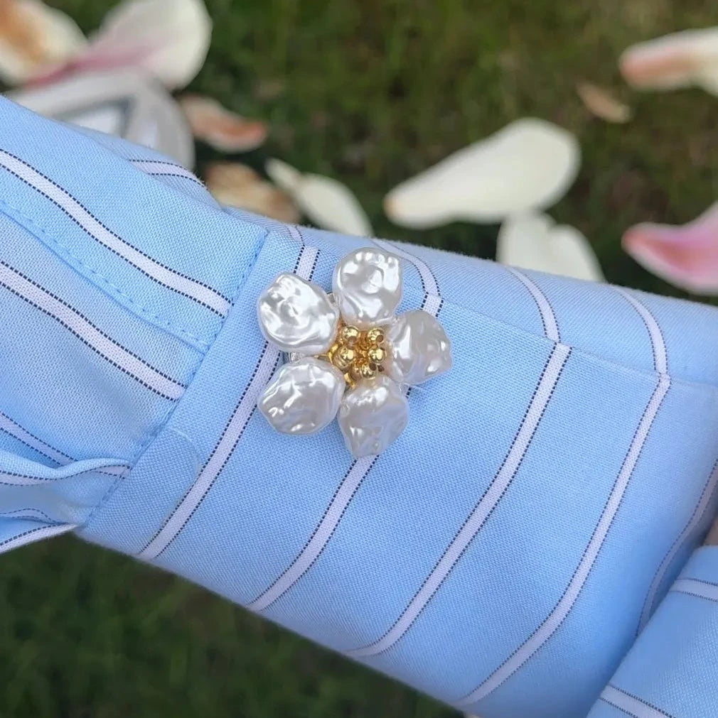 Refined by JV Baroque Blossom button cover featuring gold-tone center and baroque pearl petals on a blue striped shirt