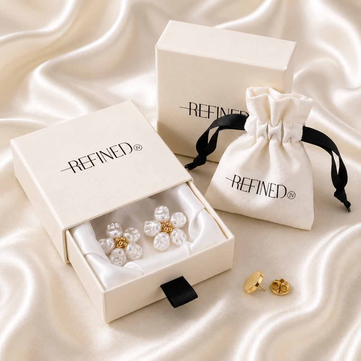 Refined by JV Baroque Blossom button covers with pearl petals and gold centers in a signature gift box with pouch.