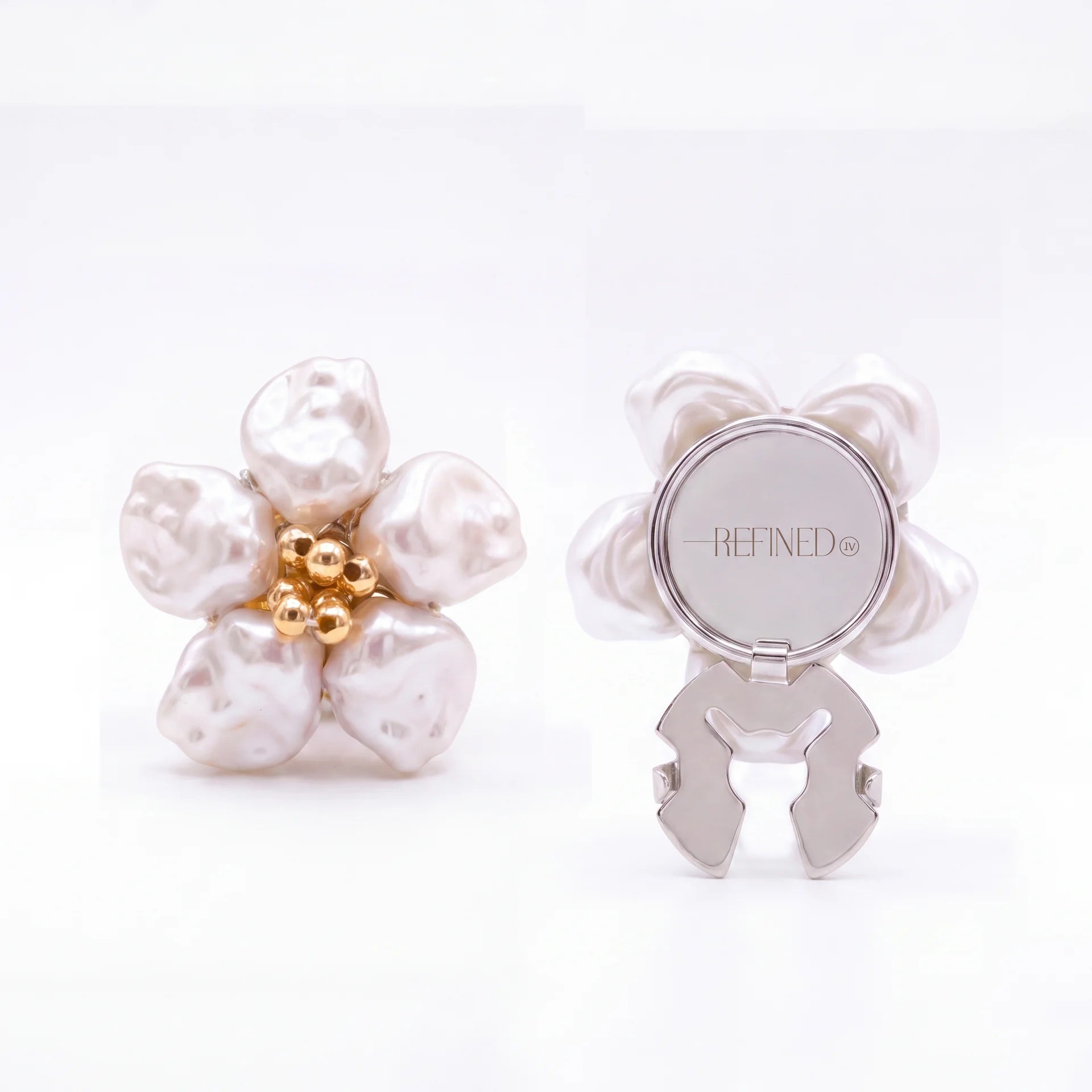 Refined by JV Baroque Blossom button covers featuring gold-tone centers and white baroque pearl petals, set of two.