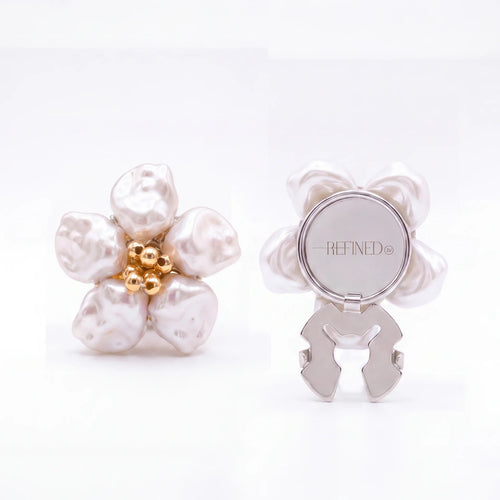 Refined by JV Baroque Blossom button covers featuring gold-tone centers and white baroque pearl petals, set of two.