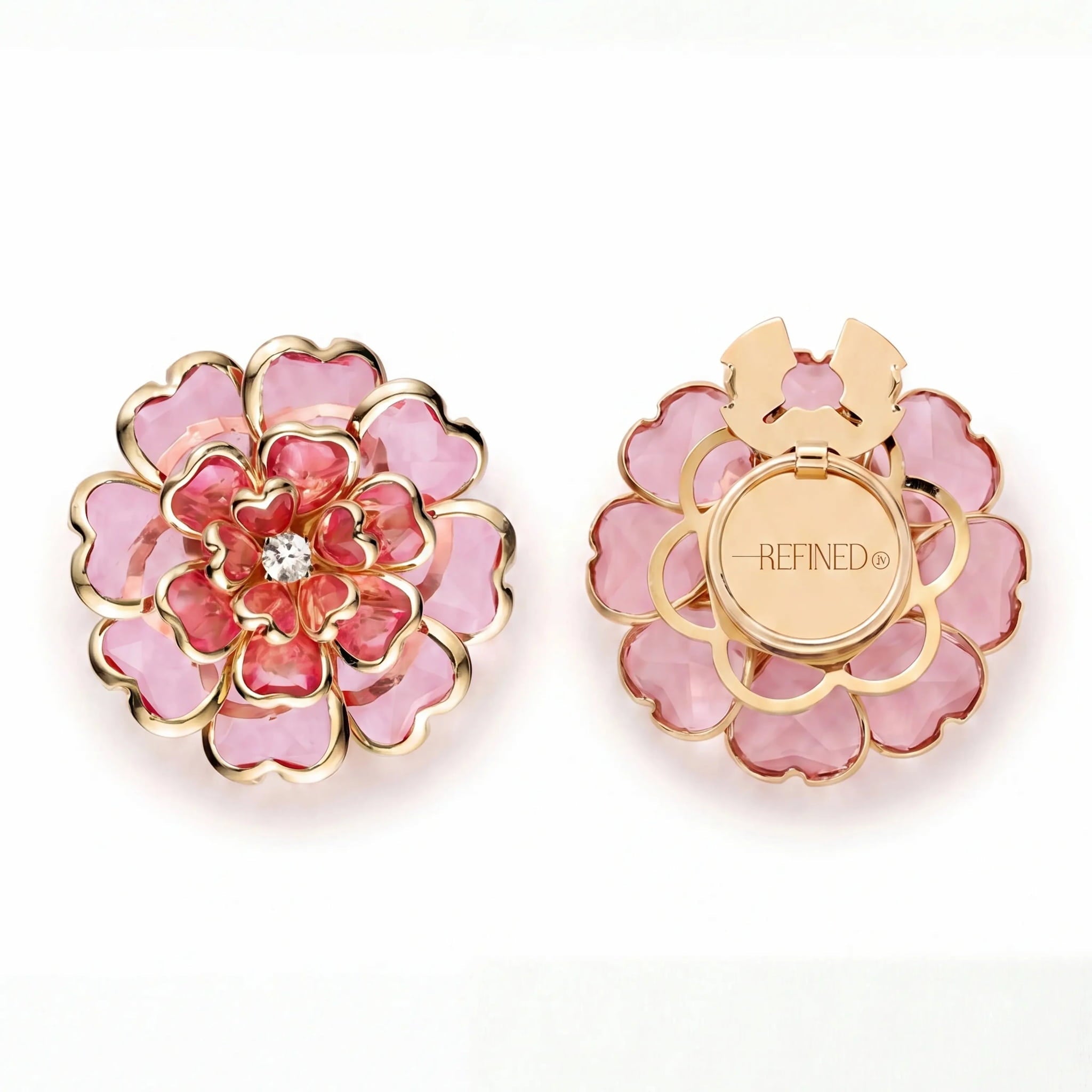 Refined by JV Camélia button covers in gold-tone metal with pink crystal petals and a center stone, set of two.