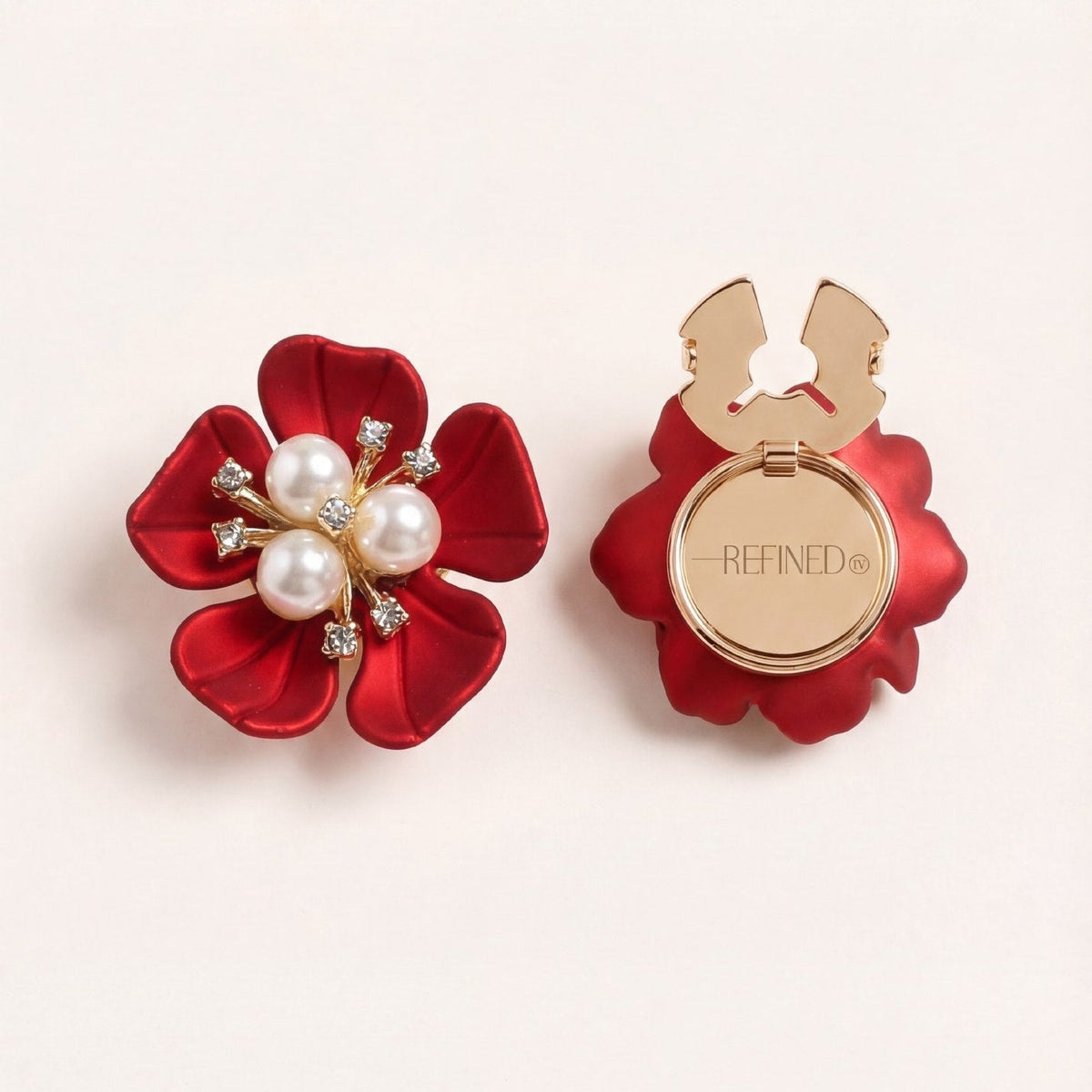 Refined by JV crimson flower button covers with pearl centers and gold-tone finish, shown from front and back views.