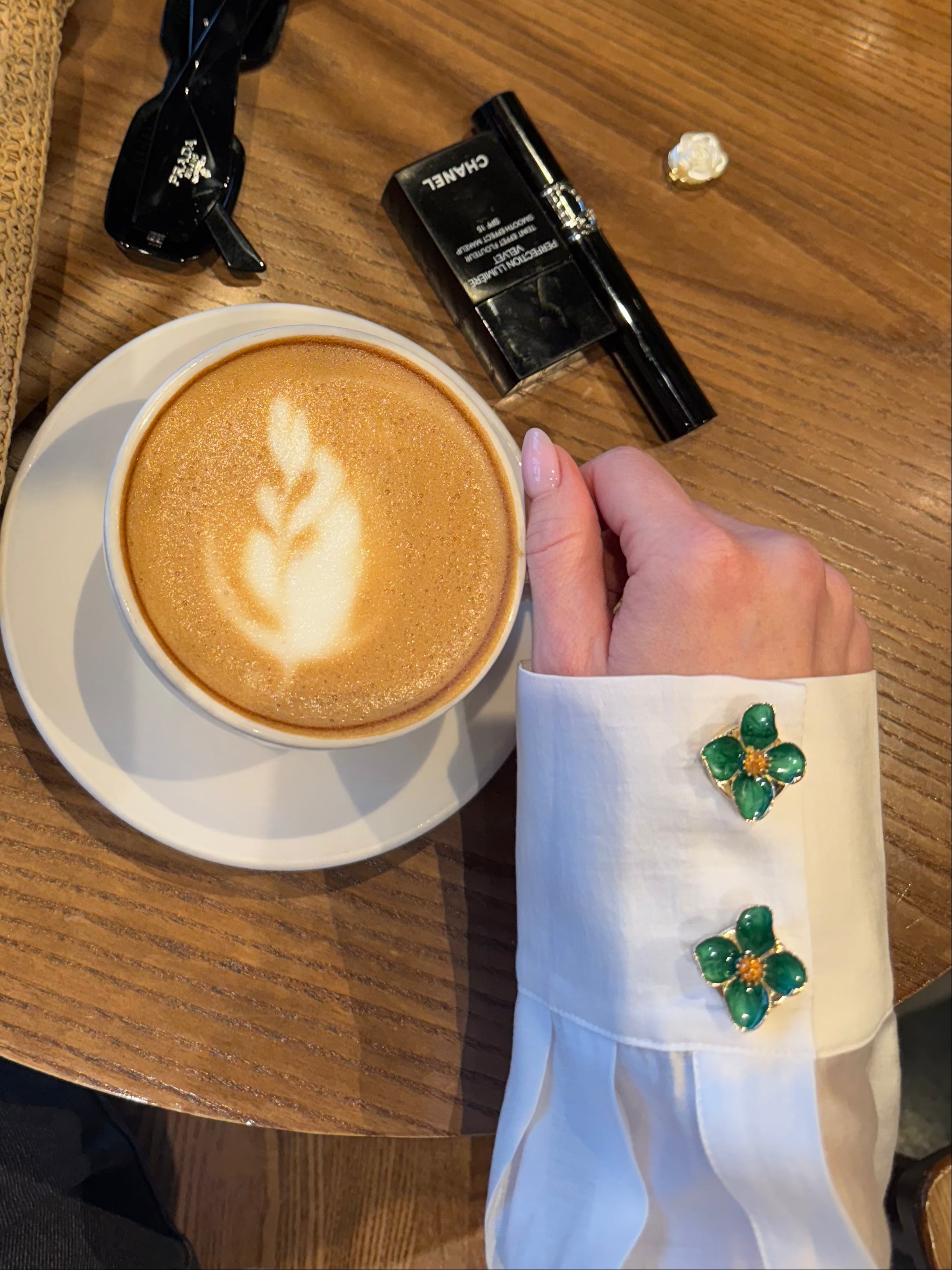Refined by JV Emerald Fleur button covers featuring gold-tone metal and green enamel floral design, set of two.