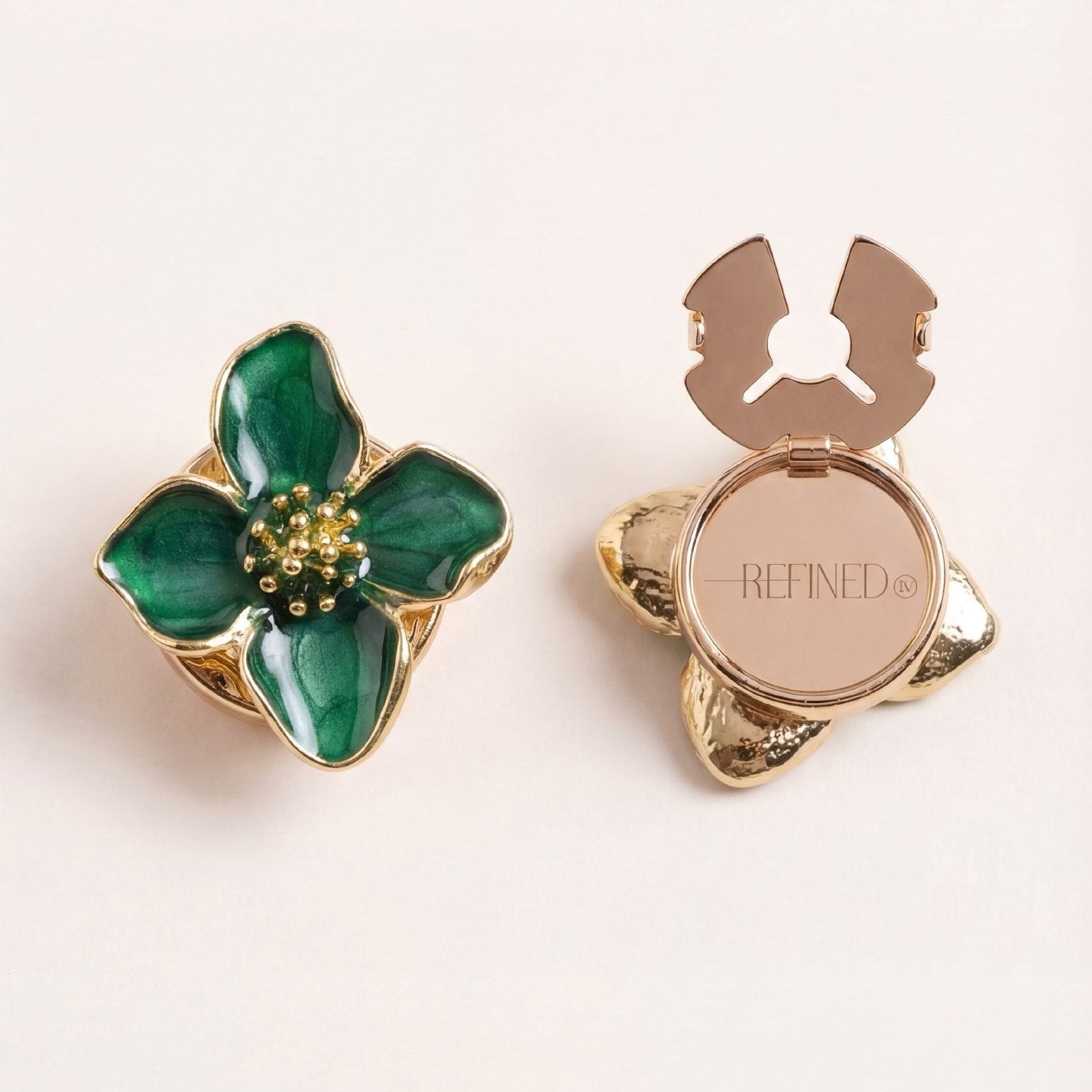Refined by JV Emerald Fleur button covers featuring gold-tone metal and green enamel floral design, set of two.