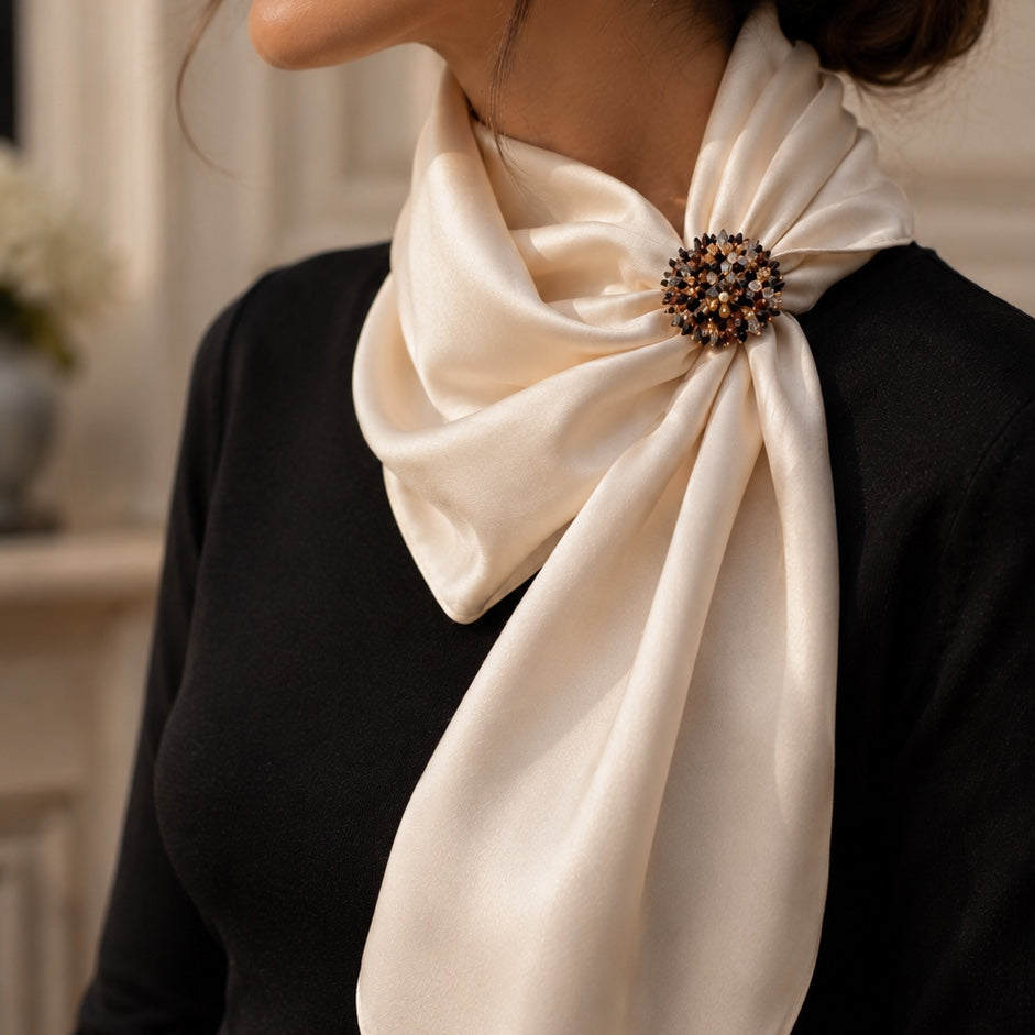 Refined by JV gold-tone button cover pin securing a cream silk scarf on a black top