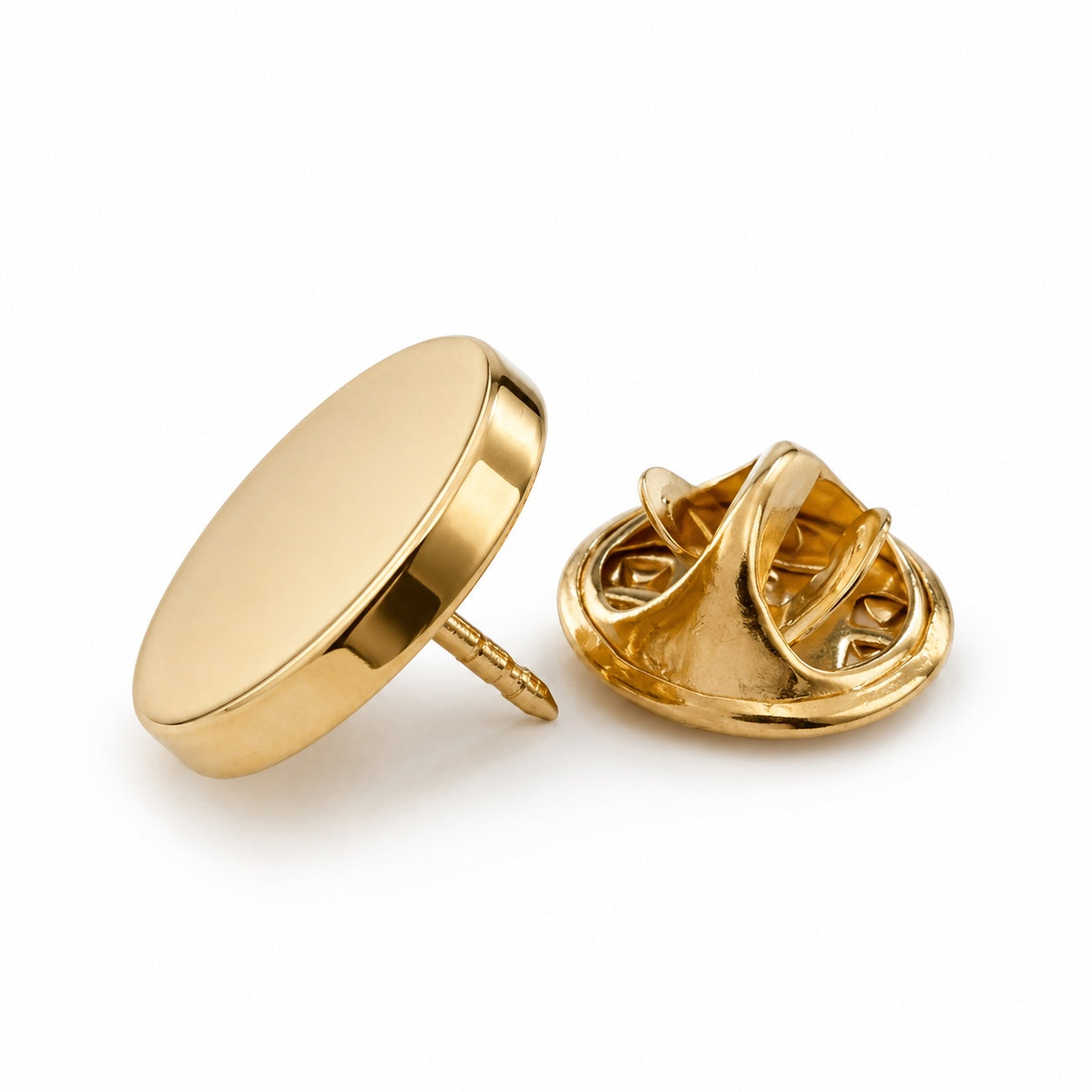 Refined by JV gold-tone custom button cover pins for attaching accessories to blazers, coats, and bags.