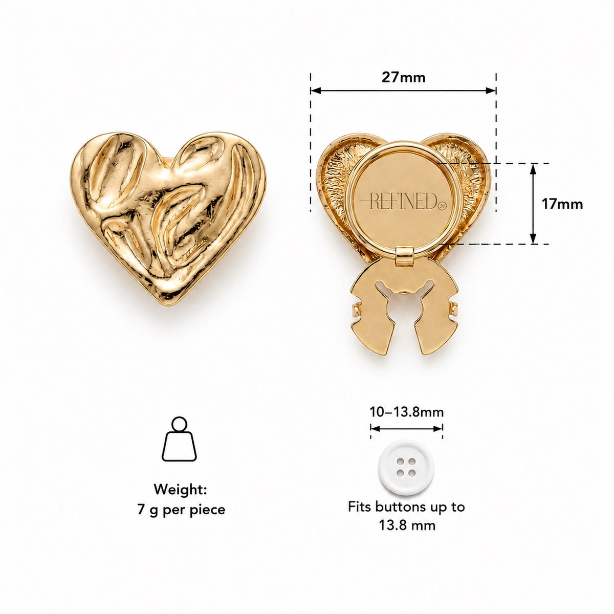 Refined by JV gold-tone heart-shaped button covers with clip mechanism and technical dimension measurements