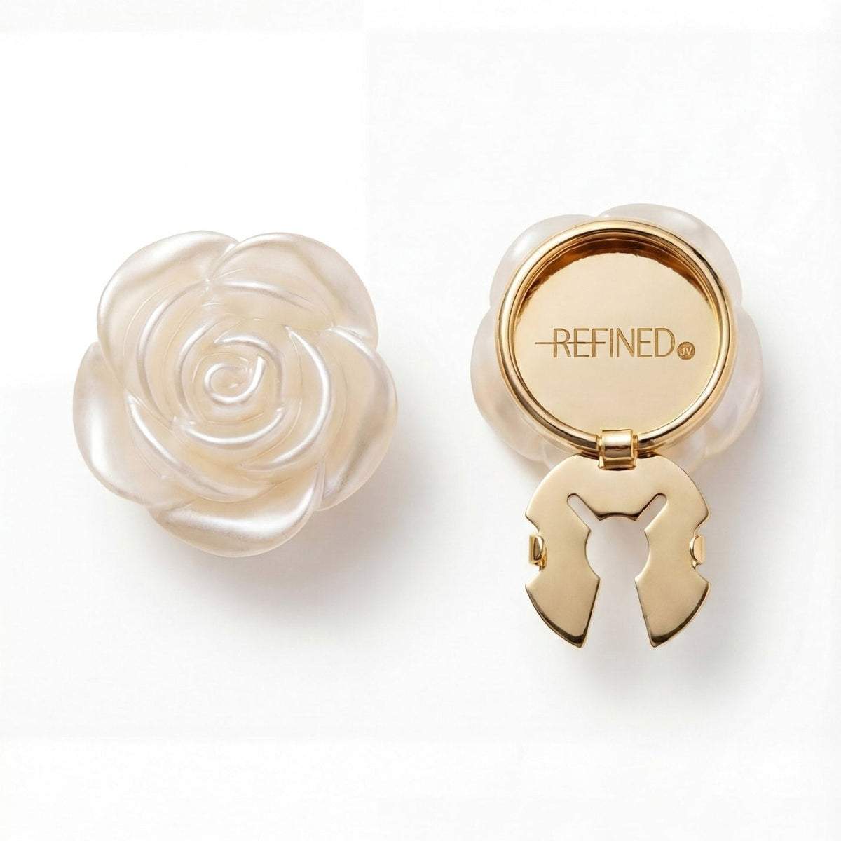 Refined by JV ivory rose-shaped button covers with gold-tone finish and clip mechanism on a white background.