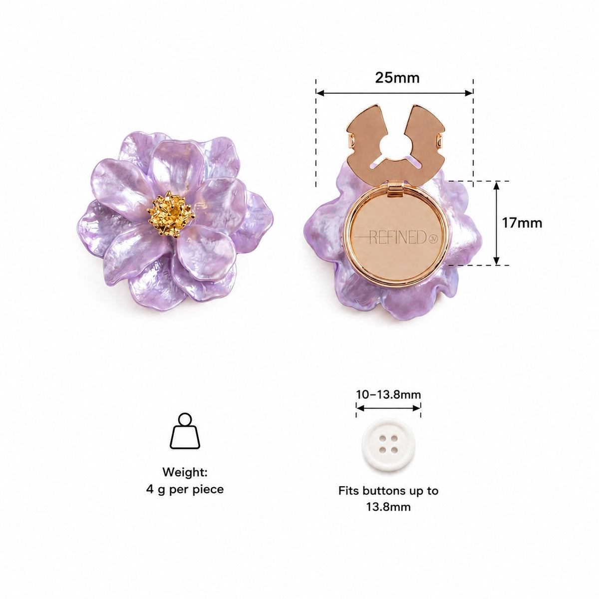 Refined by JV blush lavender camelia button covers with gold-tone finish and pearlescent floral design