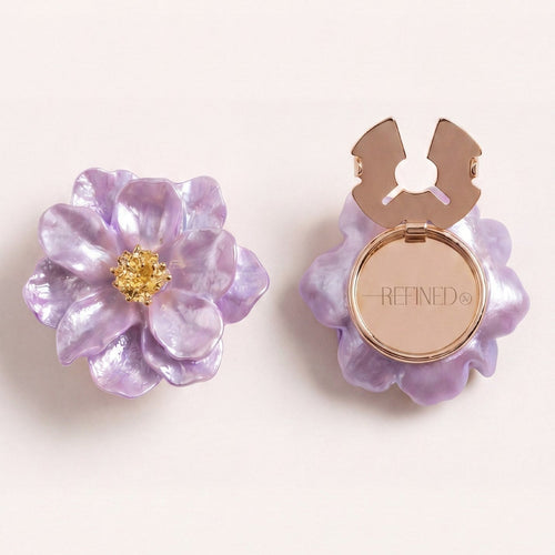 Refined by JV blush lavender camelia flower button covers with gold-tone finish and clip mechanism