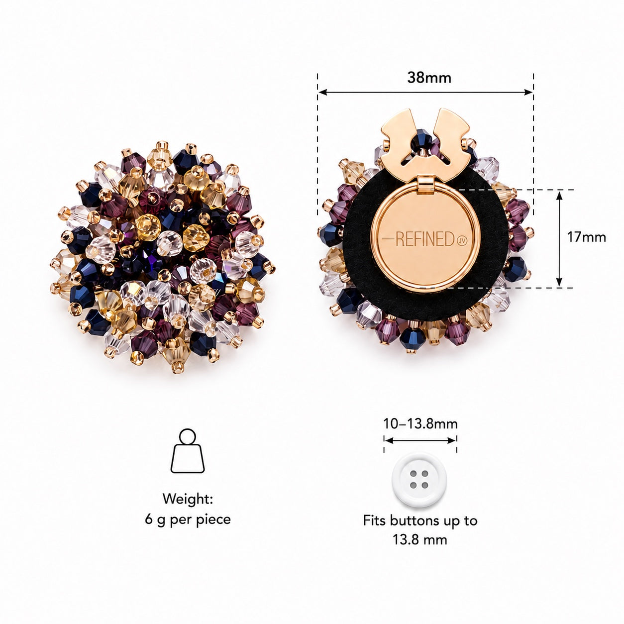 Refined by JV Nocturne button covers in gold-tone metal with purple and champagne crystals, shown with dimensions.