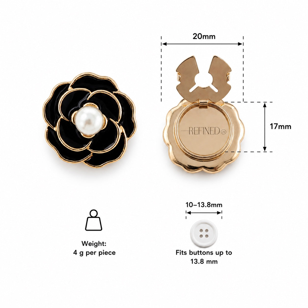 Refined by JV Noir Camélia button covers in black enamel with a gold frame and pearl center, shown with dimensions.