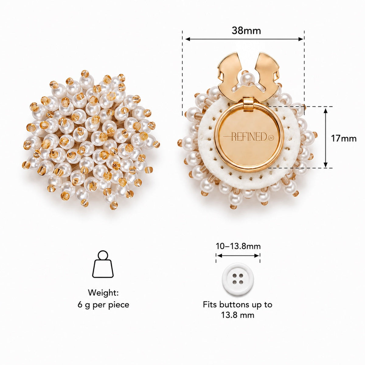 Refined by JV Pearl Cloud button covers featuring white pearls and gold accents with a gold-tone metal base.