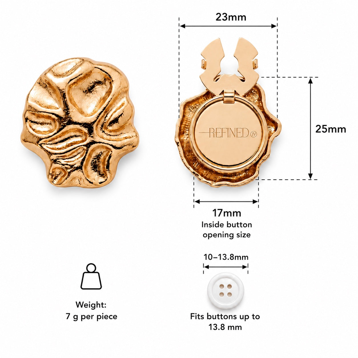 Refined by JV Sculpted Gold button covers with organic texture, shown from front and back with size specifications.