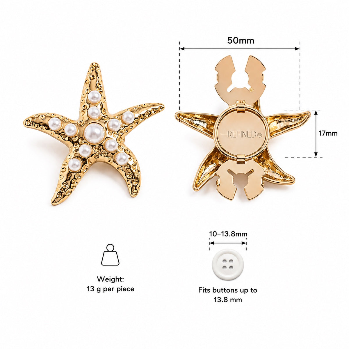 Refined by JV gold-tone starfish button covers with pearl accents, shown from front and back with size specifications.