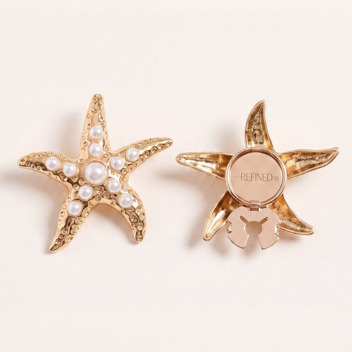 Refined by JV gold-tone starfish button covers featuring pearl accents, shown from front and back views.